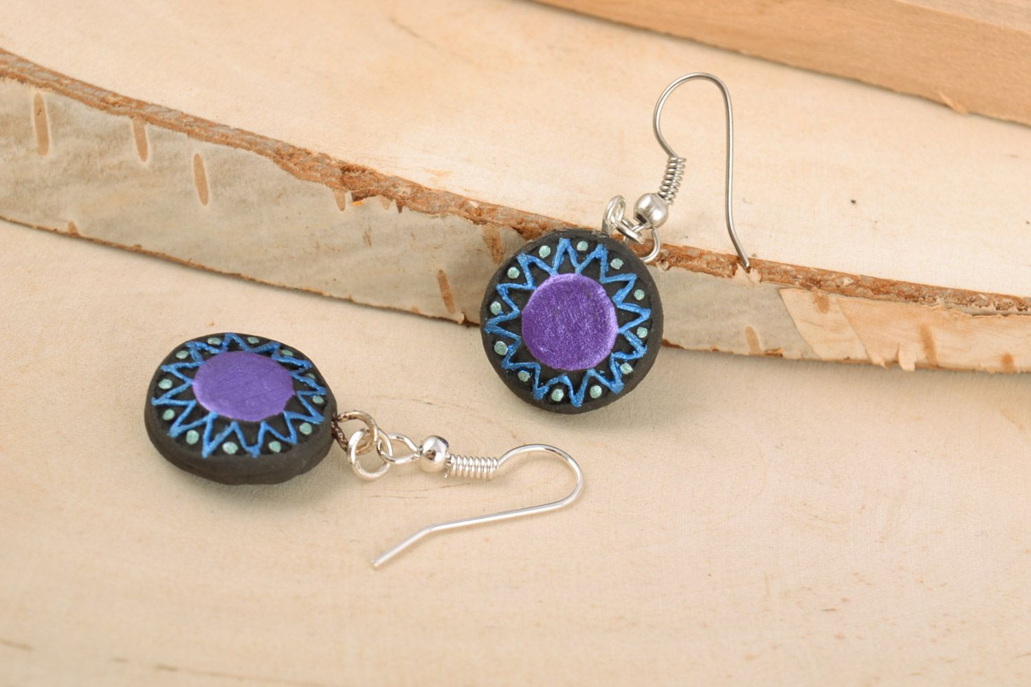 Handmade small round ceramic dangling earrings painted with acrylics Violet Sun photo 1