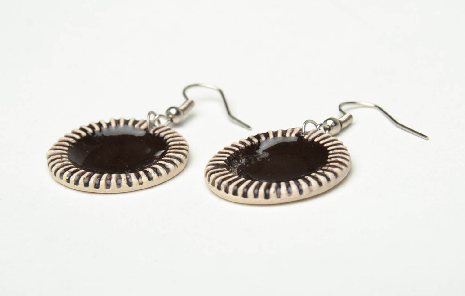 Ceramic earrings in ethnic style painted with enamels Chocolate Sun photo 3