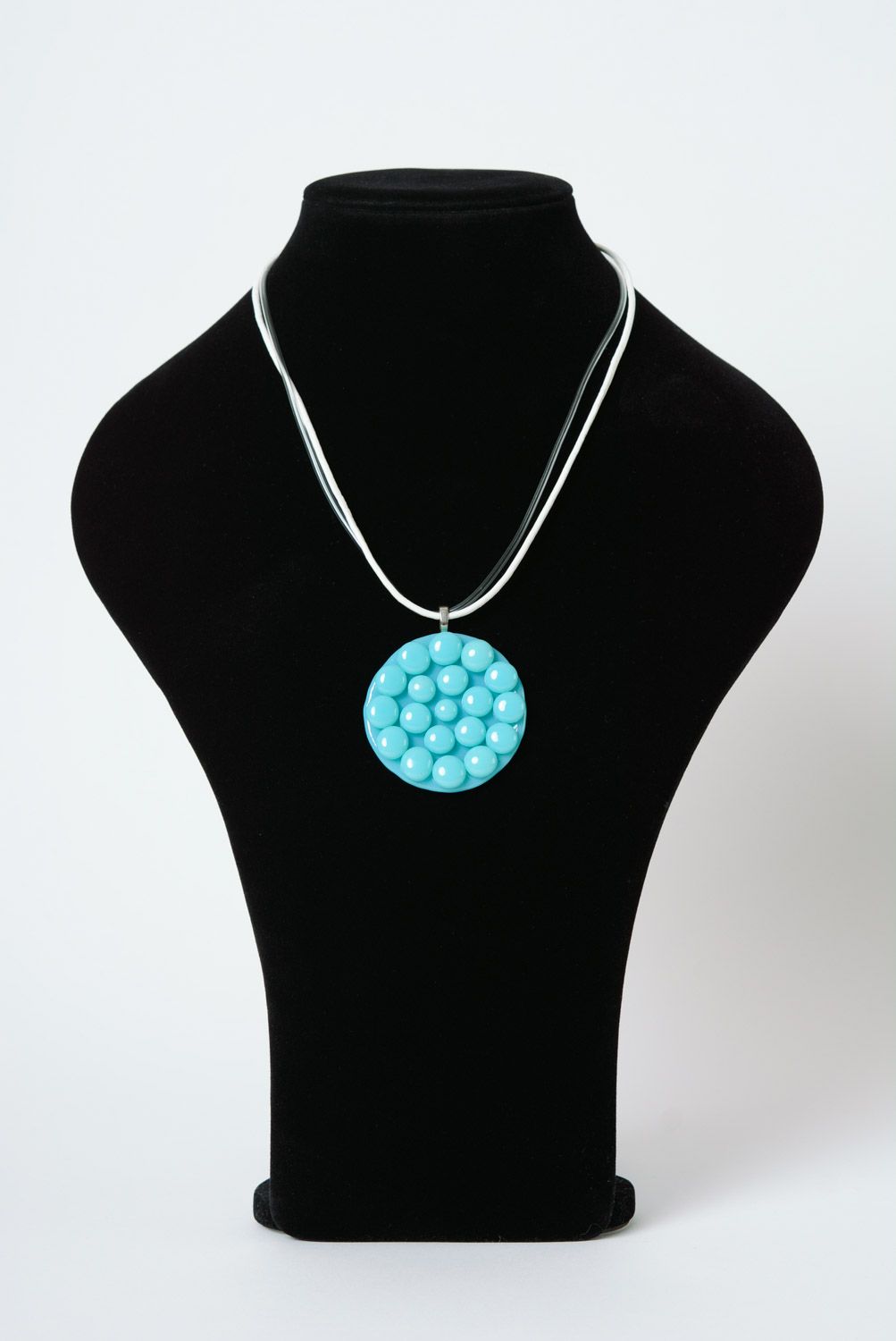 Beautiful handmade round glass pendant of turquoise color with waxed cord  photo 2