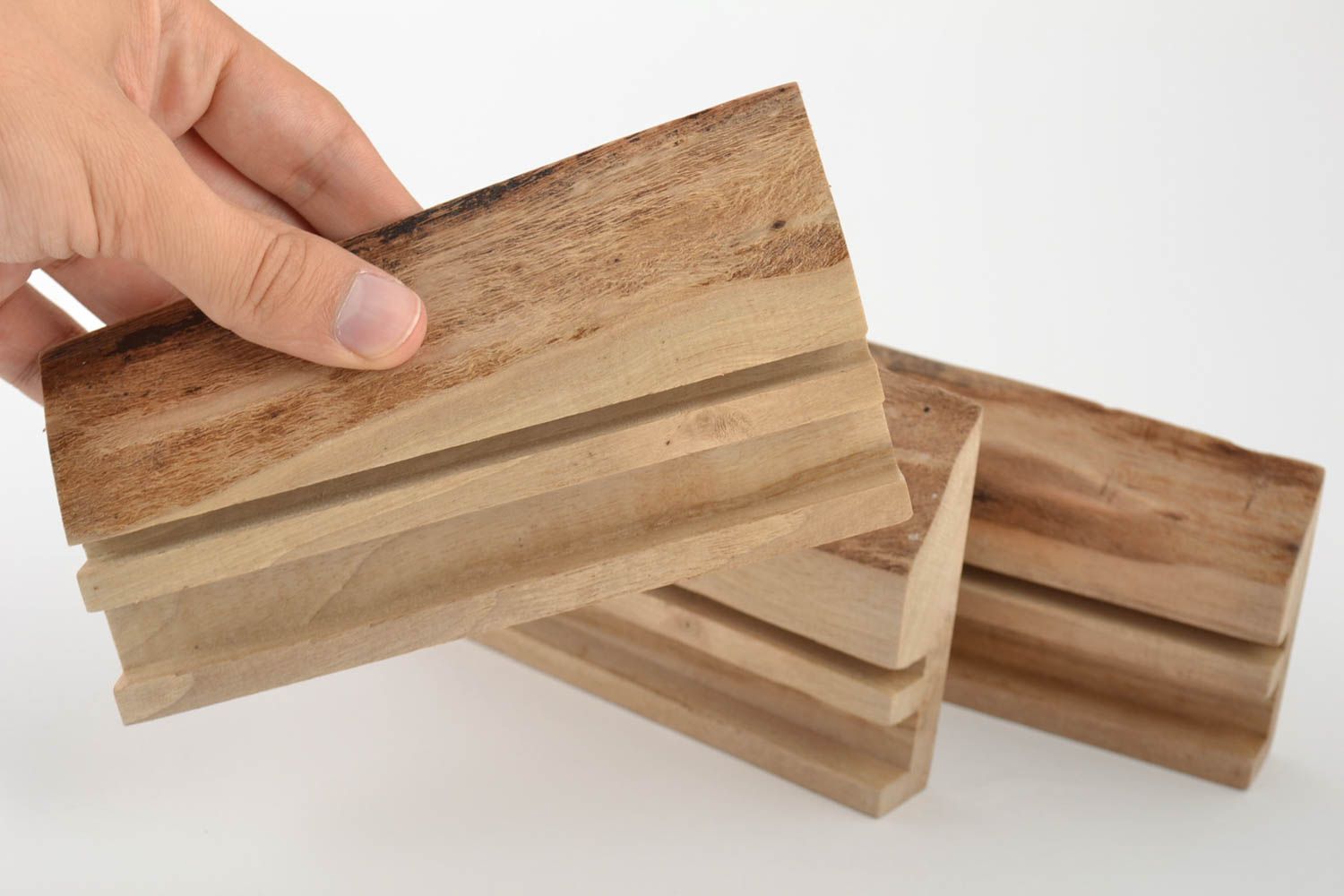 Set of designer wooden varnished homemade tablet holders for desktop 3 items photo 5