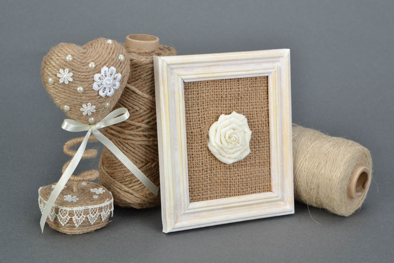 Handmade small burlap wall panel with fabric rose in white wooden frame photo 1