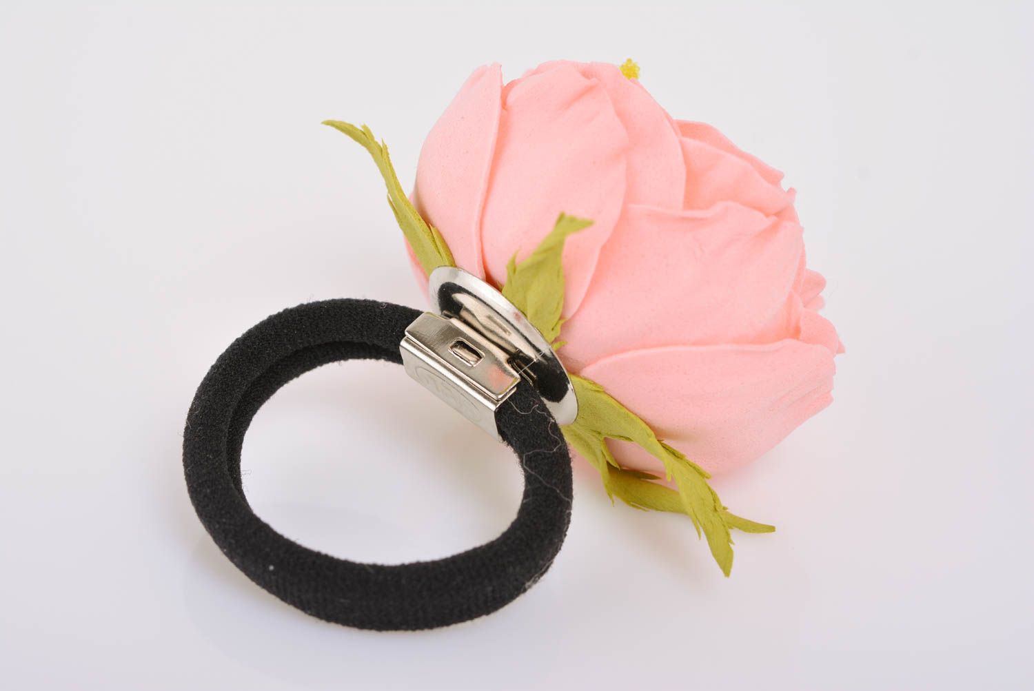 Handmade decorative hair band with volume foamiran flower of peach color photo 2