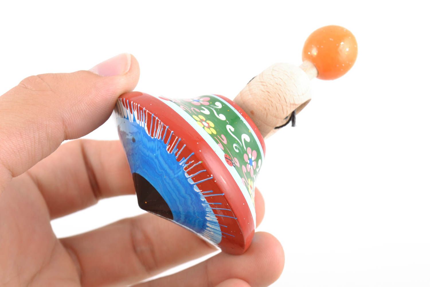 Деревянная игрушка юла с кольцом ручной работы с росписью эко красками для детей фото 2