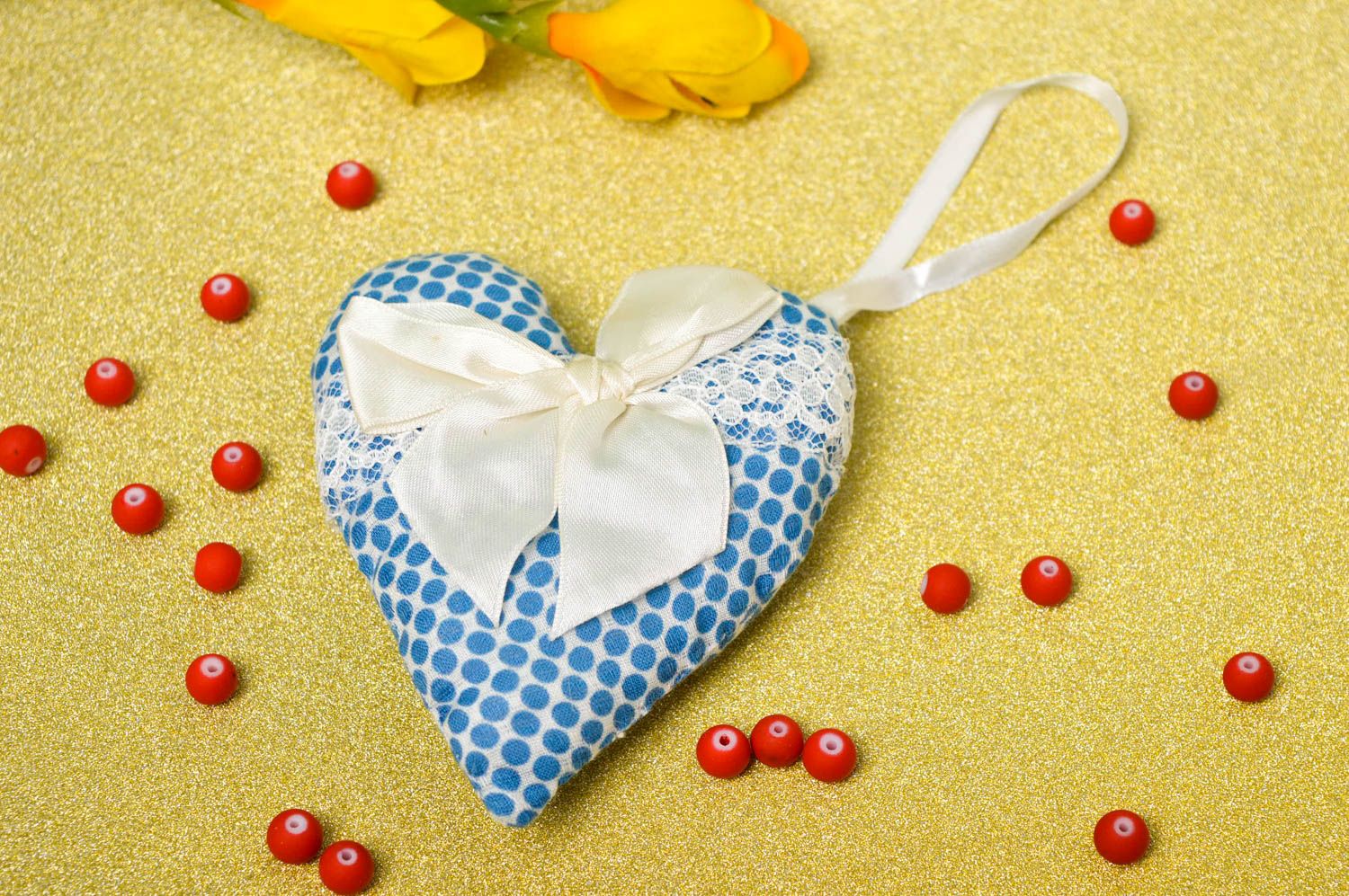 Coeur doux fait main Suspension décorative en tissu bleu à pois Déco maison photo 1