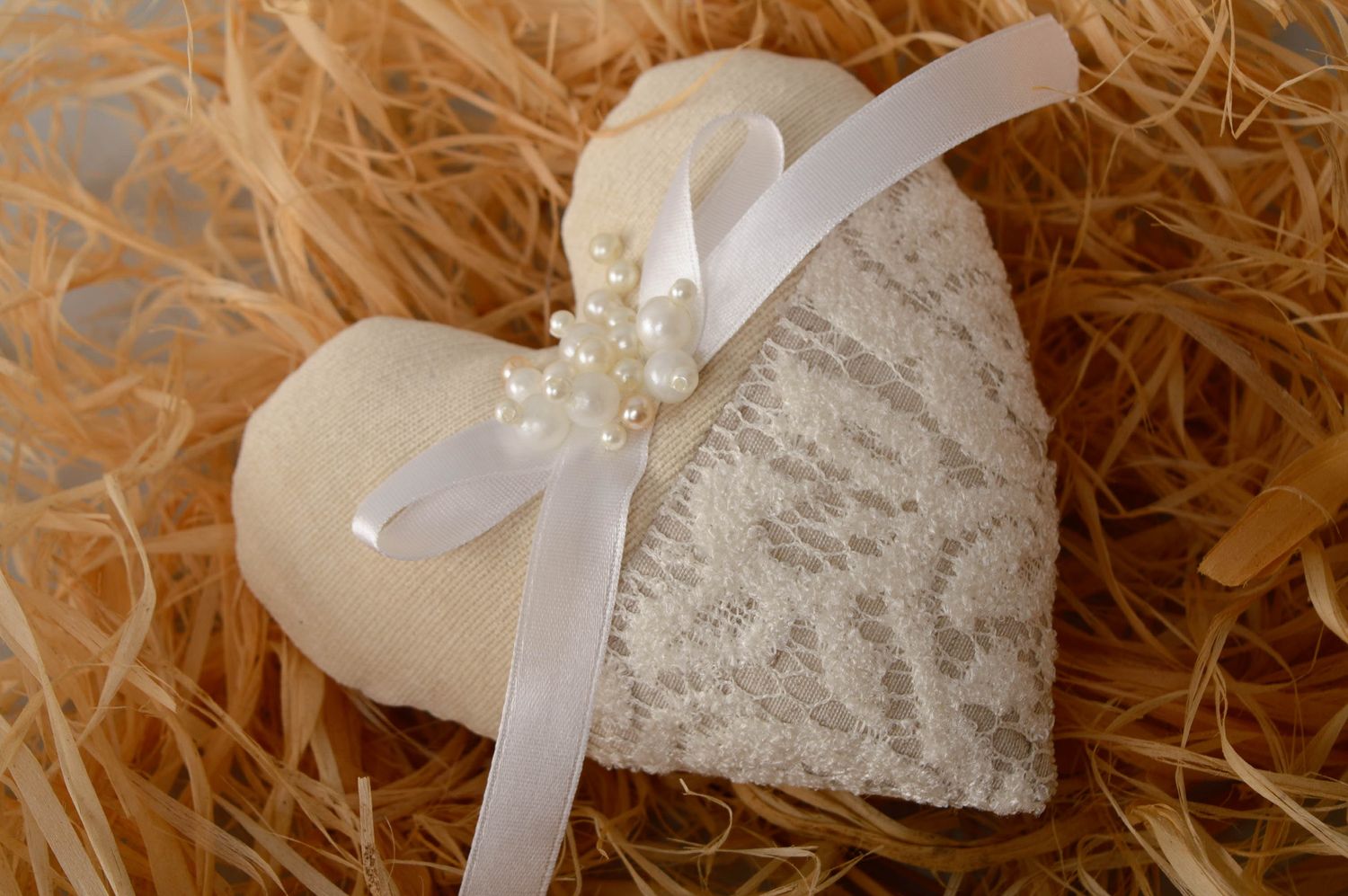 Handmade interior heart made of fabric and lace photo 1