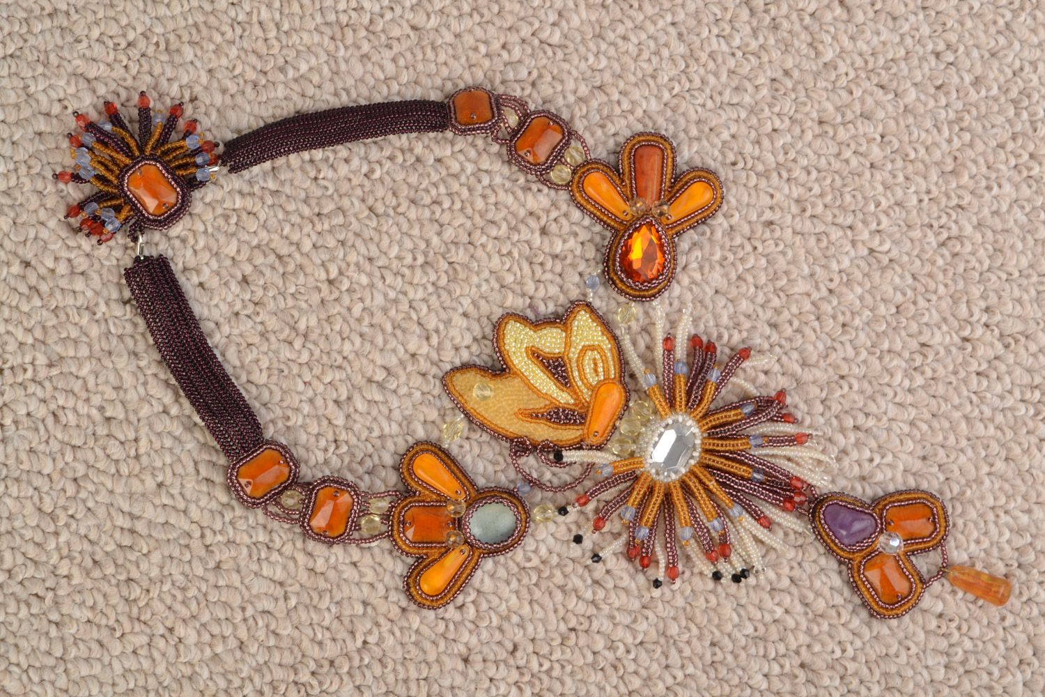 Handmade large beaded necklace with natural stones Butterfly photo 2