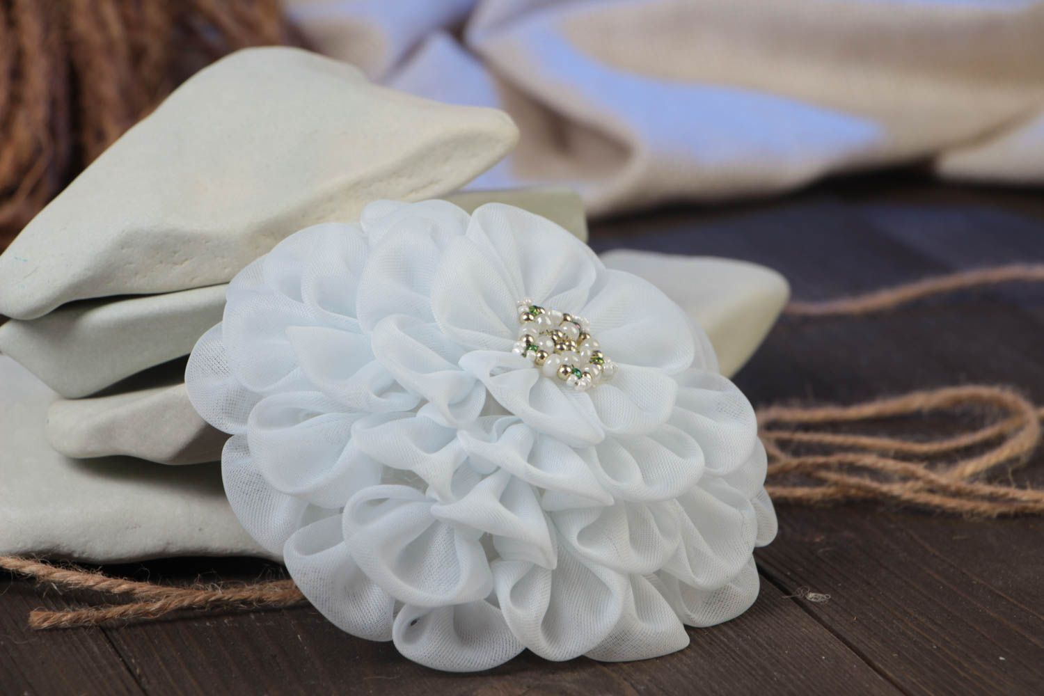 Handmade decorative hair clip with volume kanzashi flower made of white chiffon photo 1