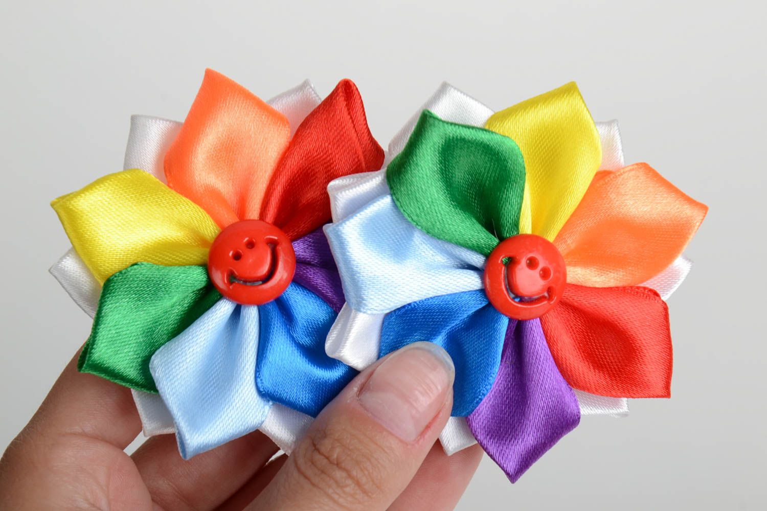 Set of 2 homemade hair clips with colorful satin ribbon kanzashi flowers  photo 5