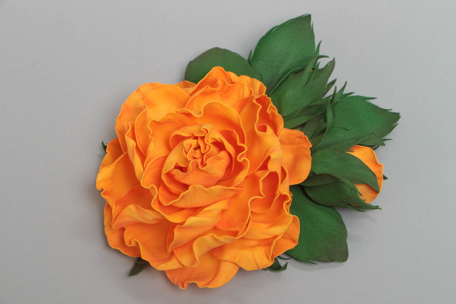 Handmade designer brooch with large volume orange flower molded of plastic suede photo 5