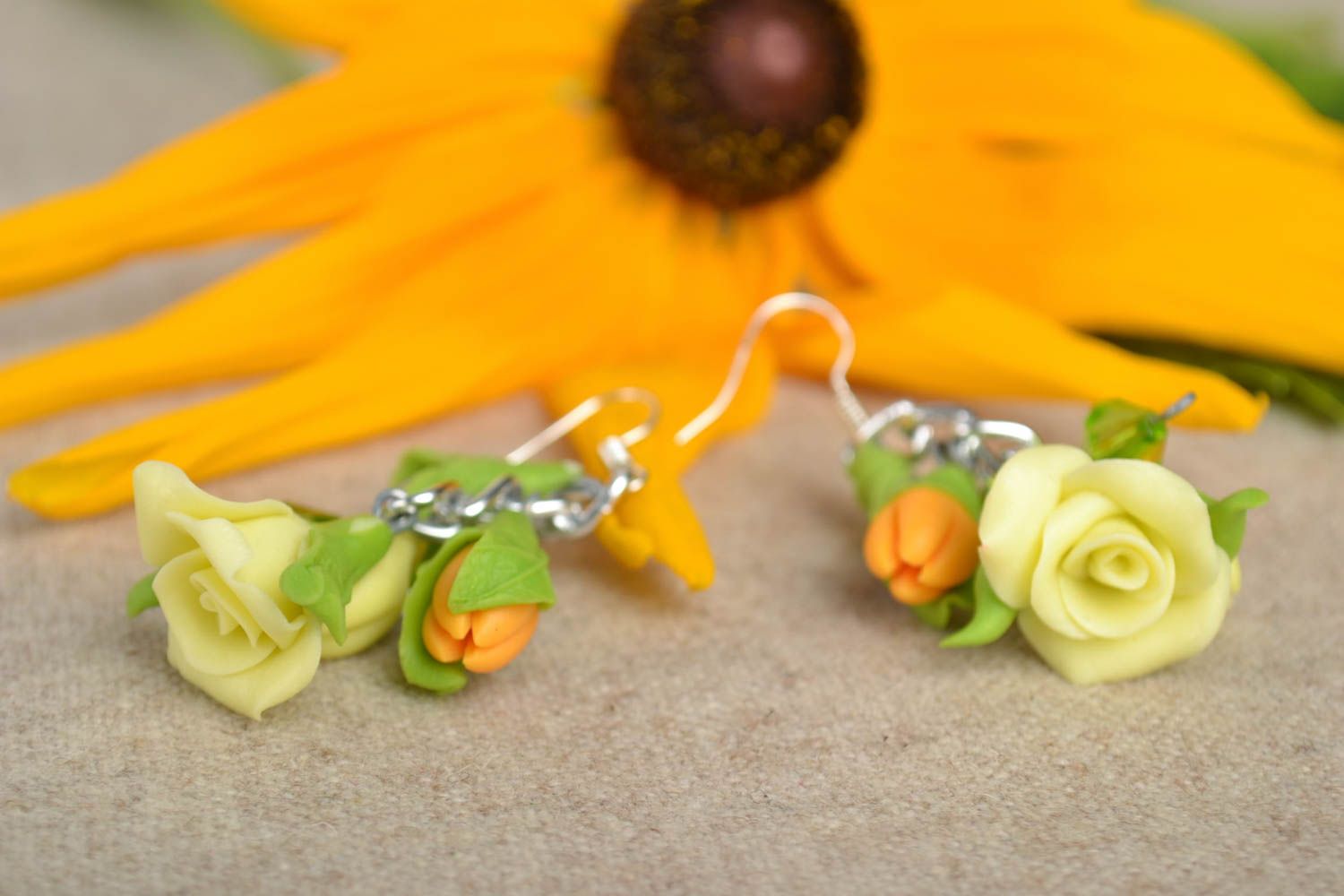 Handmade dangling earrings polymer clay flower earrings designer present photo 1