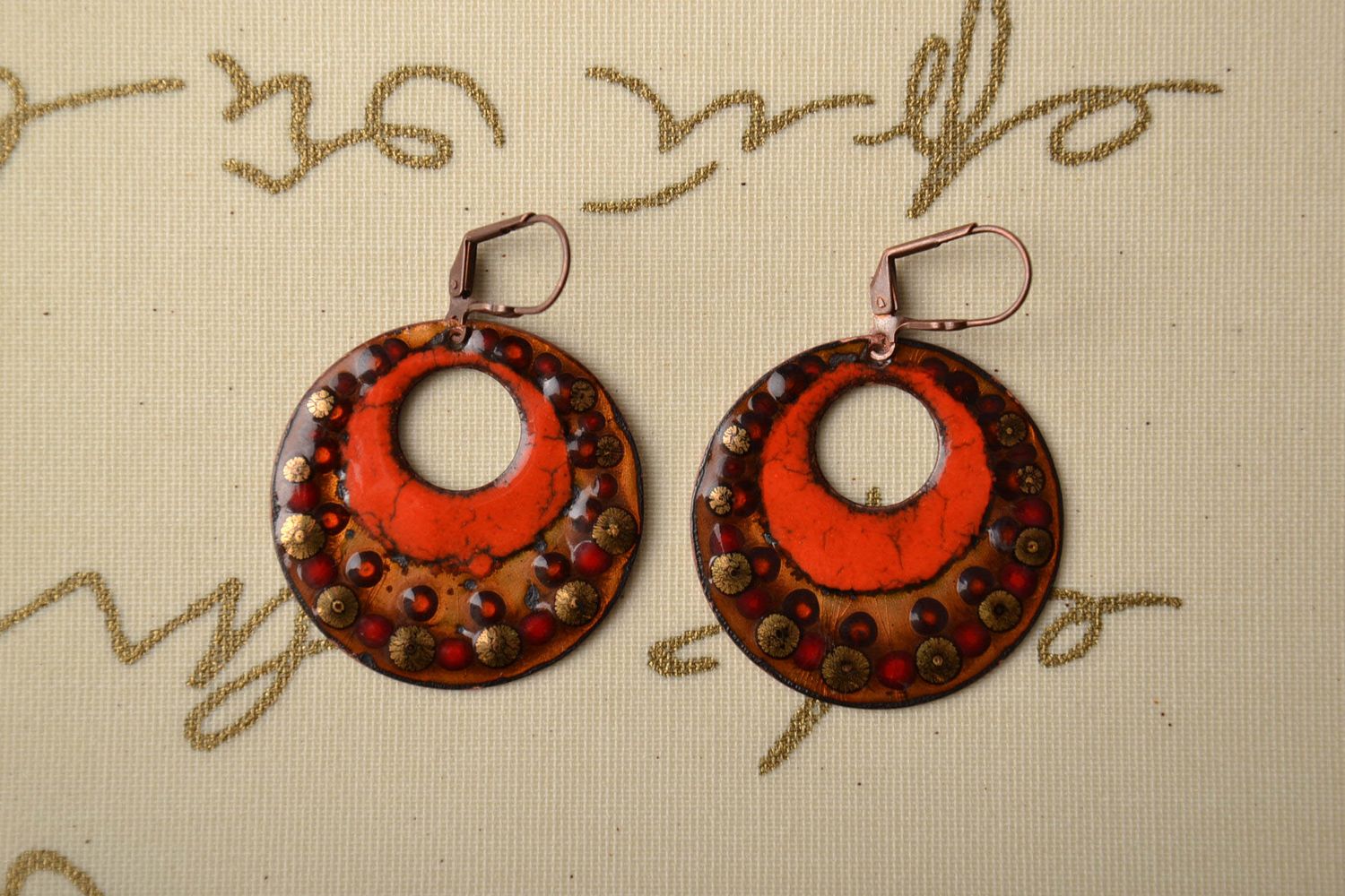 Enamel round copper earrings photo 1