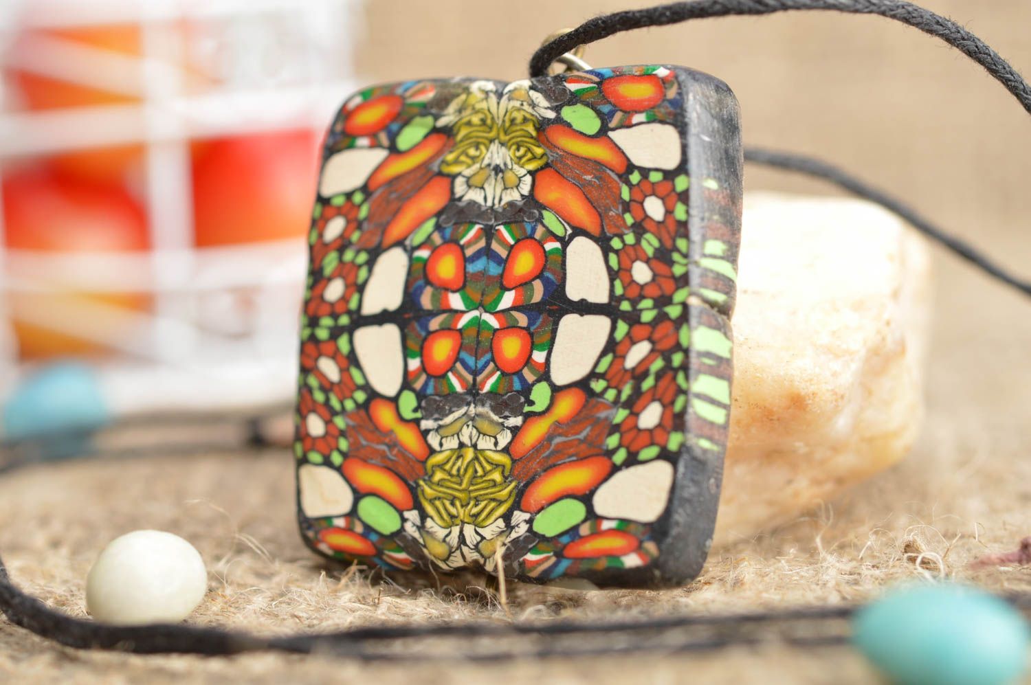 Designer multicolored square-shaped pendant on long cord handmade accessory photo 1