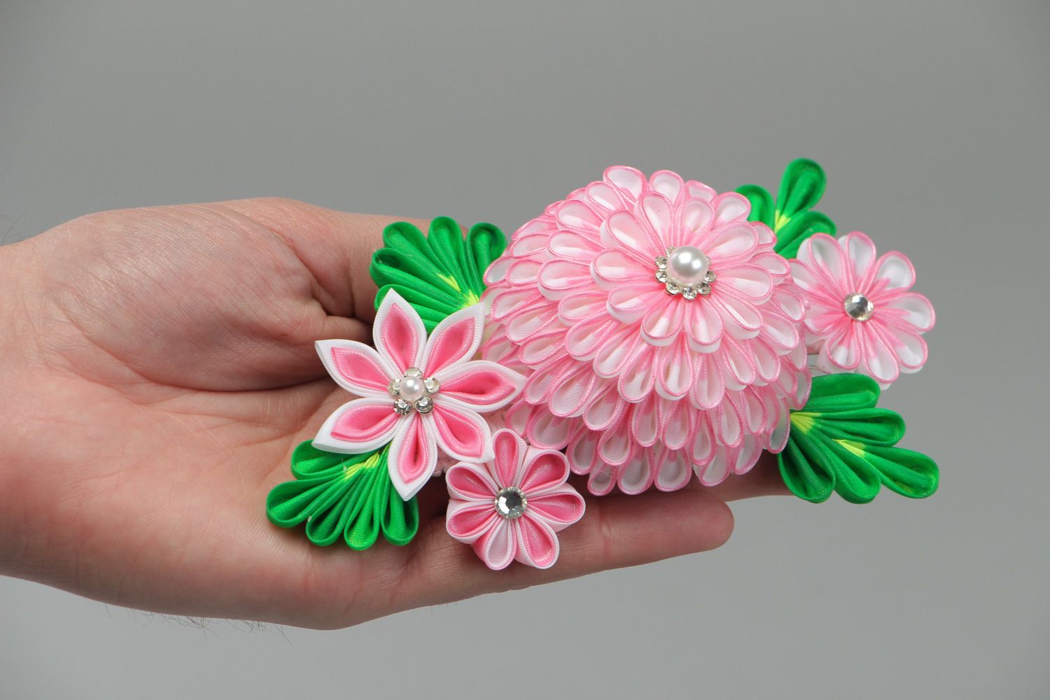 Handmade hair clip with large tender pink organza flower kanzashi technique photo 4