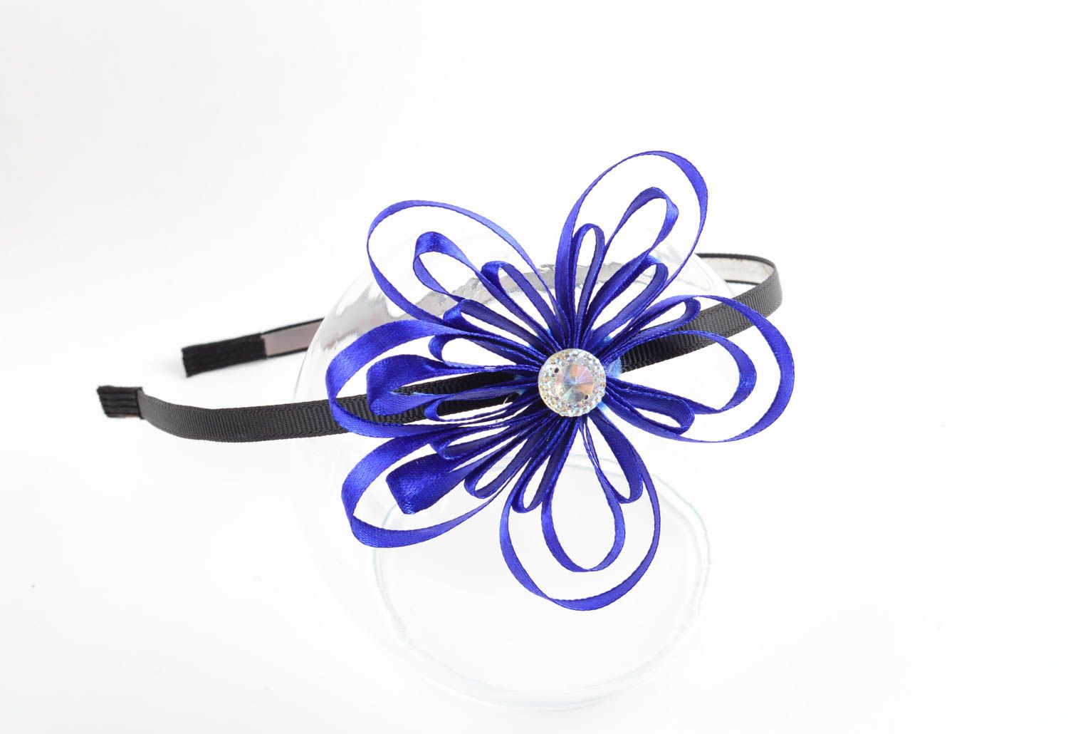 Serre-tête fleur Accessoire cheveux fait main bleu satin métal Cadeau femme photo 2
