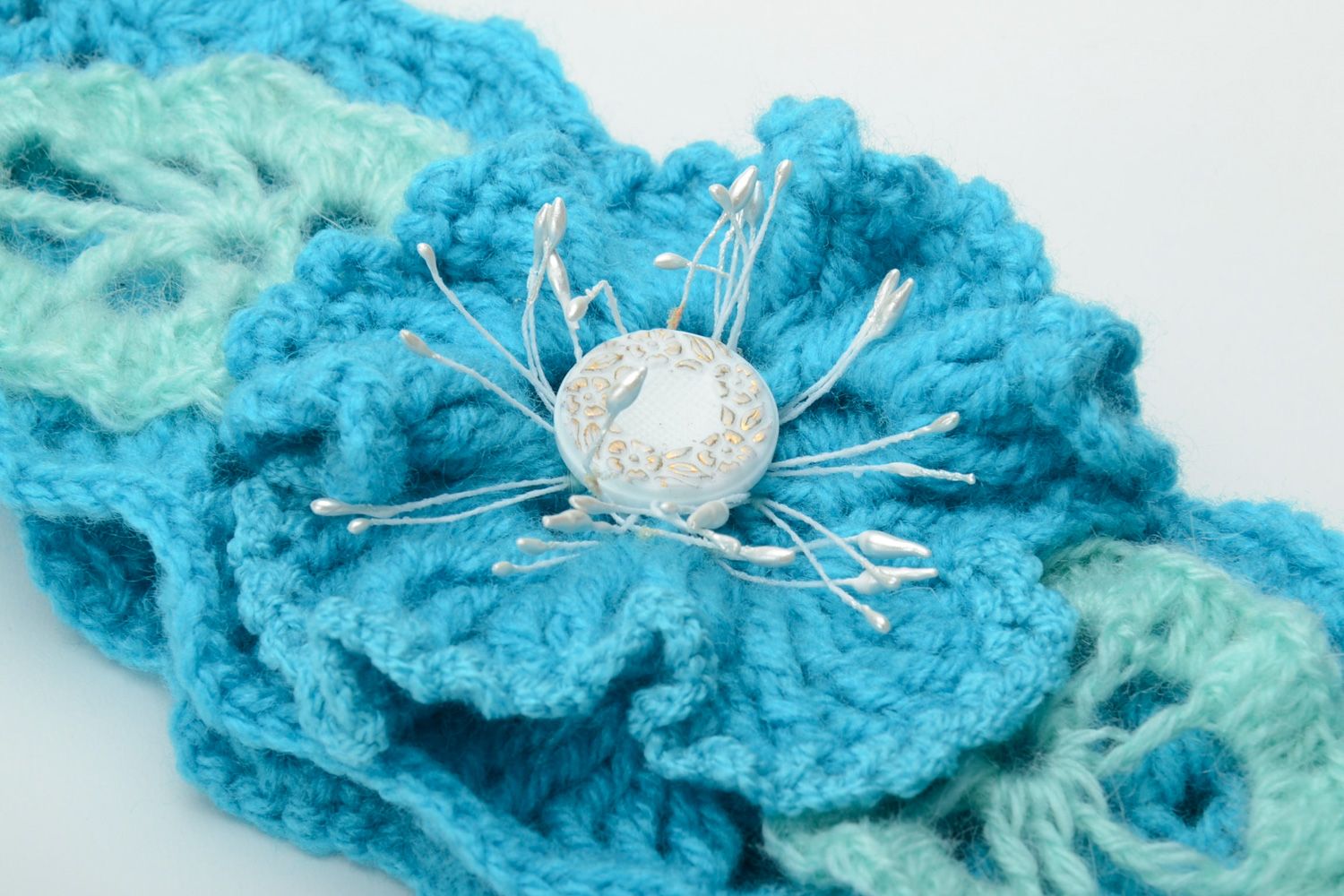 Bandeau pour cheveux bébé tricoté au crochet coton et acrylique fait main bleu  photo 3