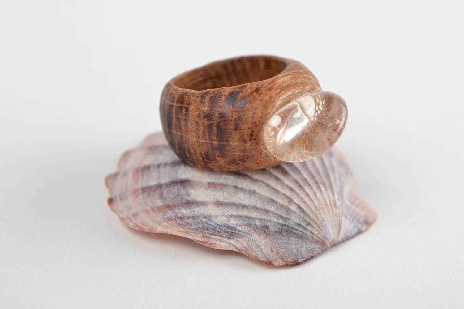 Handmade designer volume natural wooden ring with mountain crystal glass photo 1