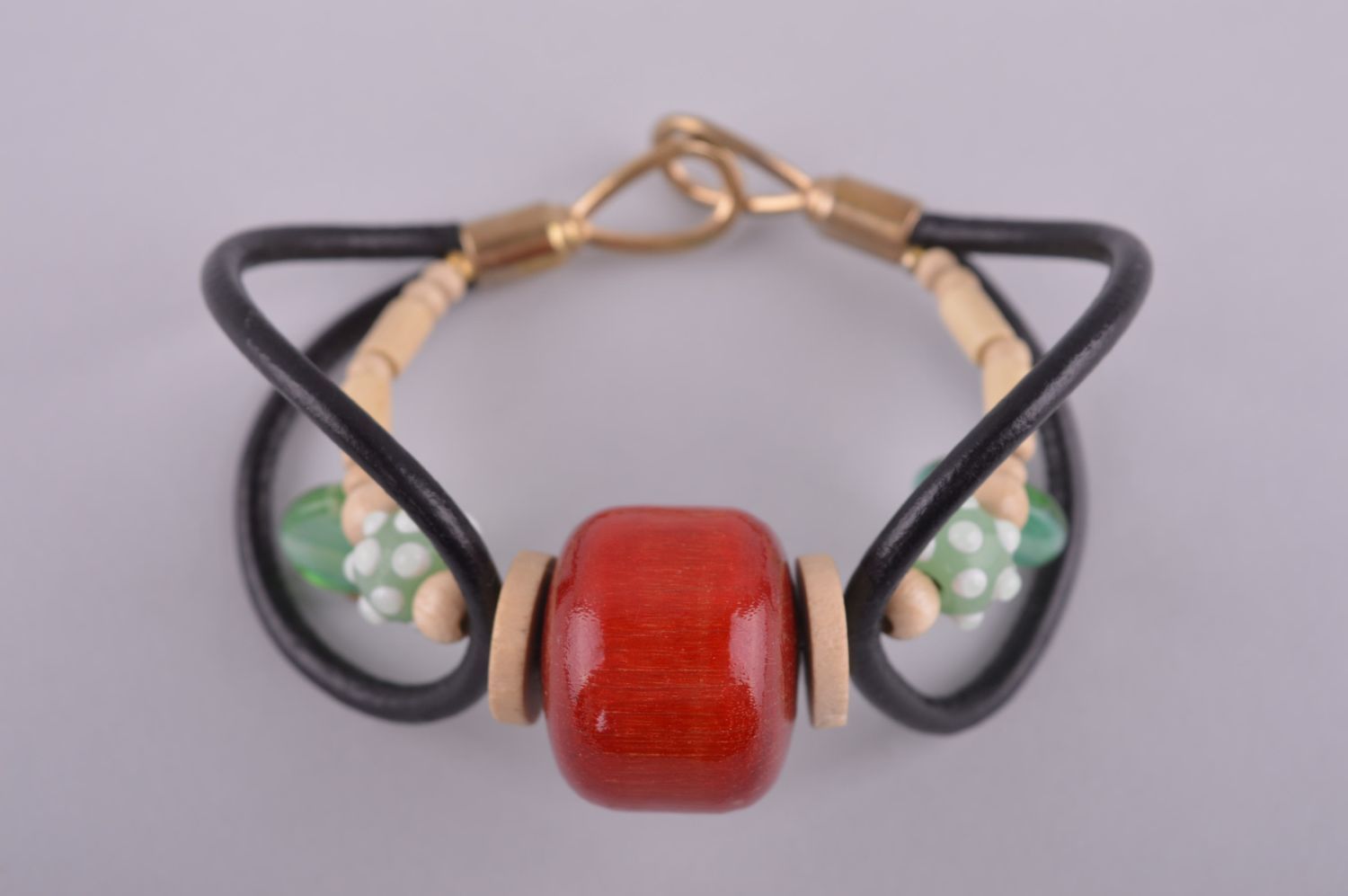 Handmade leather bracelet unusual wrist jewelry elegant wooden bracelet photo 2