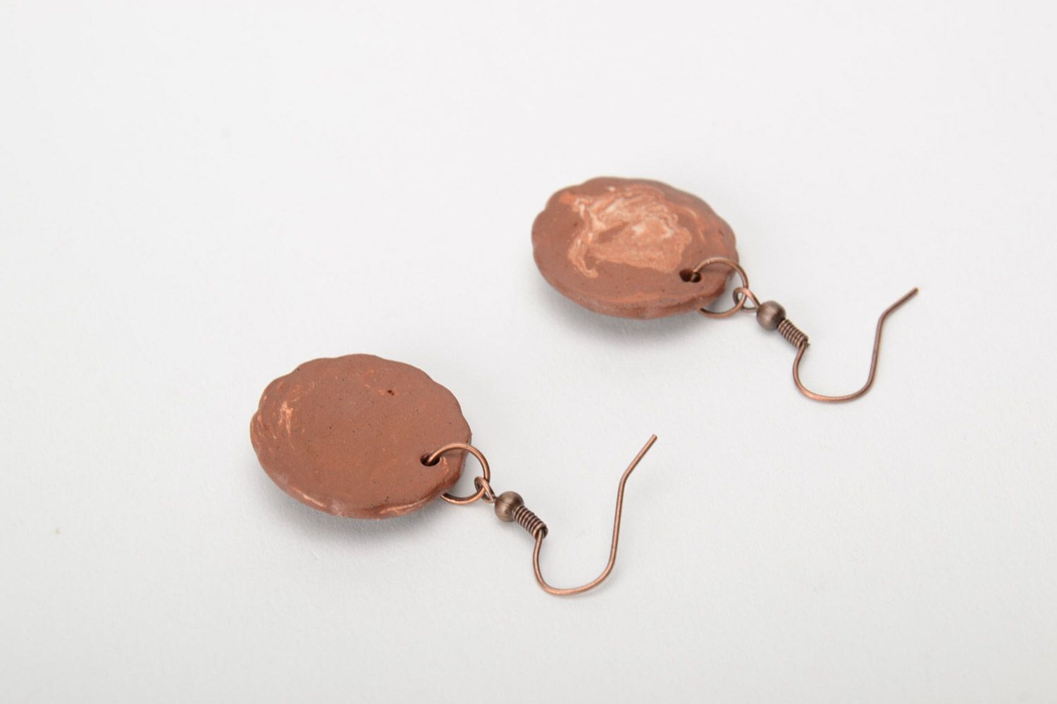 Handmade round ceramic dangle earrings molded of brown clay in ethnic style  photo 4