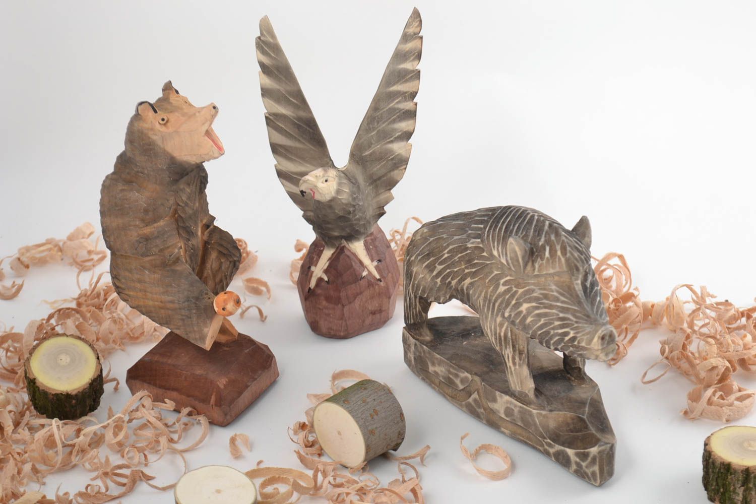 Set of figurines bear boar and eagle made of wood 3 pieces handmade decor photo 1