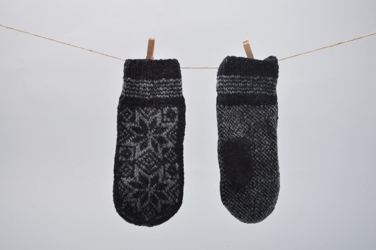Dark gray warm homemade men's mitten knitted of sheep wool with ornaments  photo 5