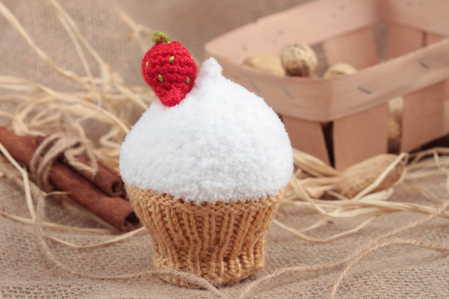 Handmade soft toy crocheted of acrylic threads white cake with strawberry photo 1