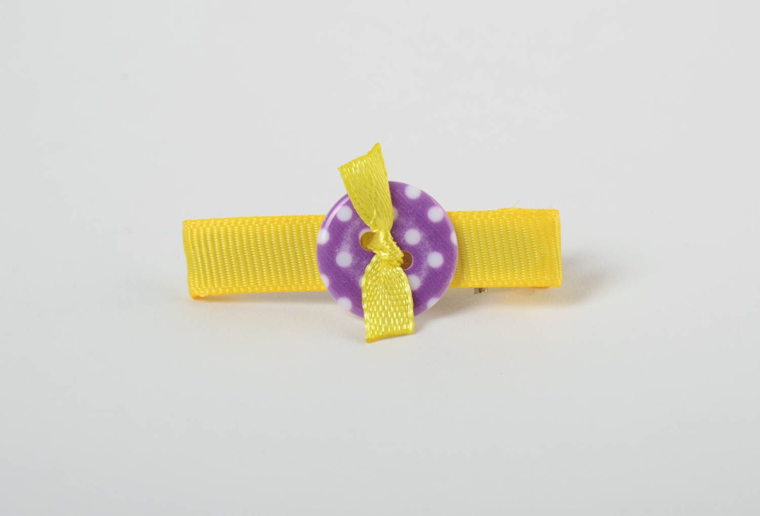 Yellow handmade designer children's soft textile hair clip with button photo 4