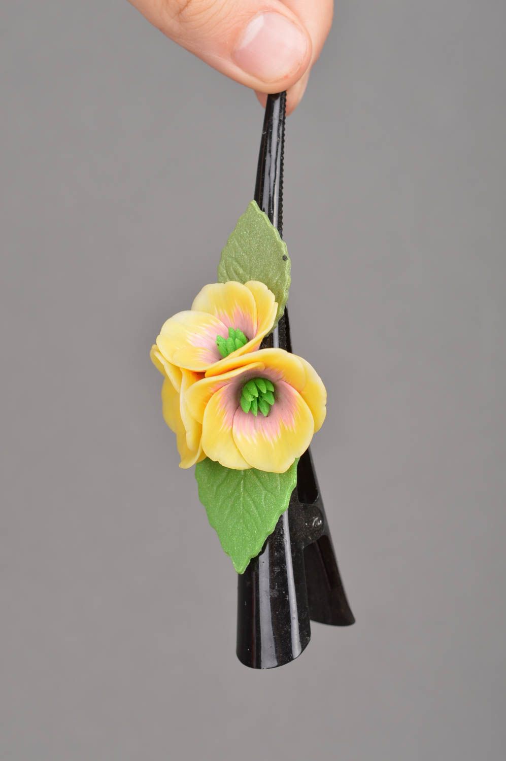 Yellow cute handmade long hair clip with flowers made of polymer clay  photo 2