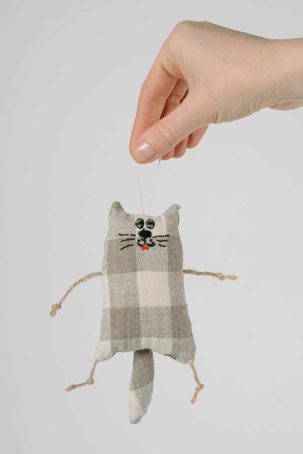 Handmade small wall hanging soft toy with eyelet sewn of linen fabric Kitten  photo 1