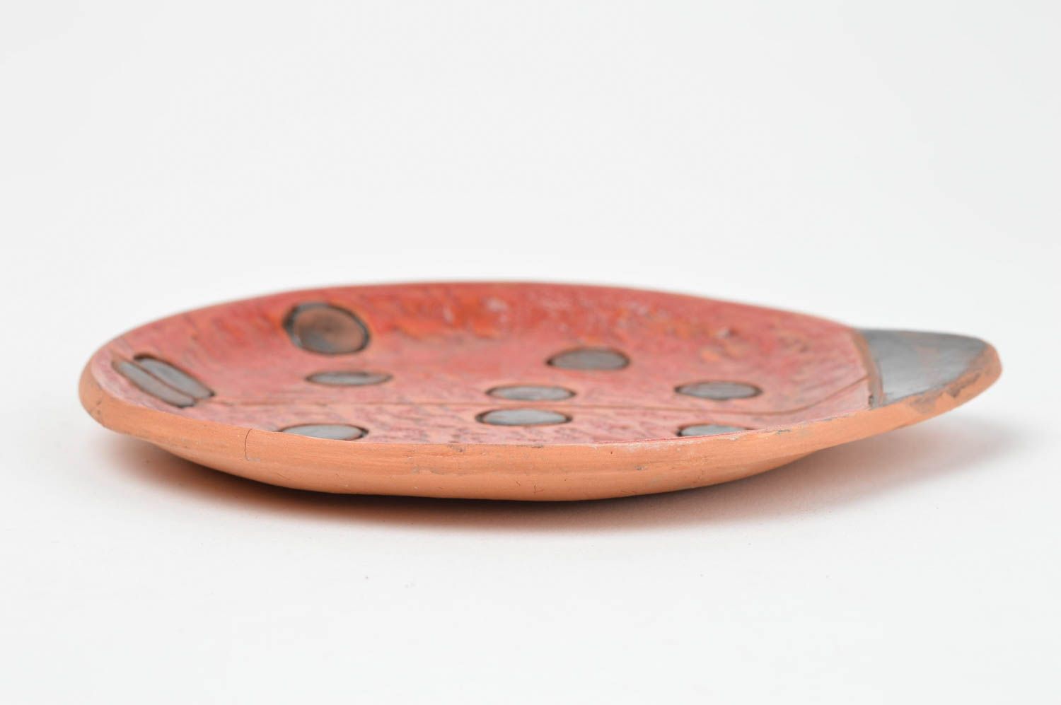 Schöner bunter handgemachter Teller aus Keramik mit Bemalung Marienkäfer foto 3