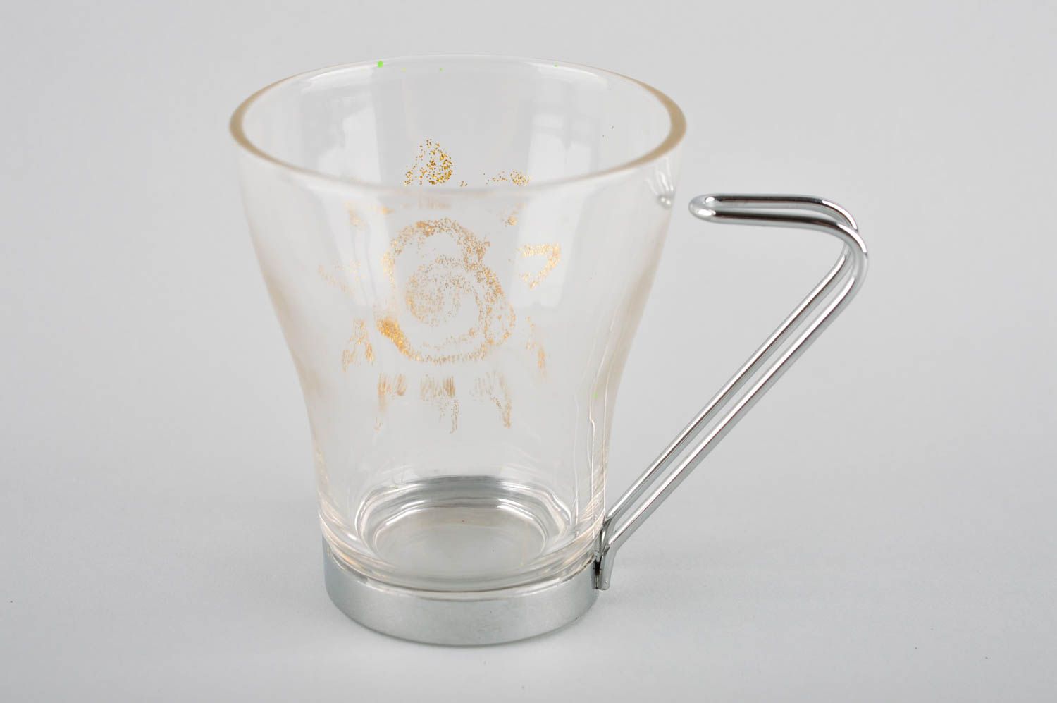 Unique clear glass cup with metal handle nad gold sun painting photo 3