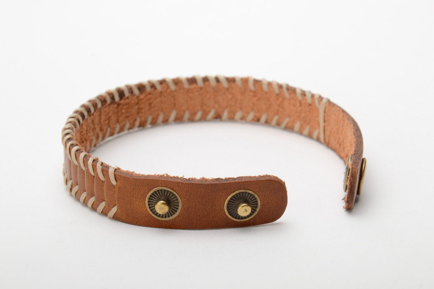 Thin handmade light brown genuine leather wrist bracelet with metal rivets photo 4