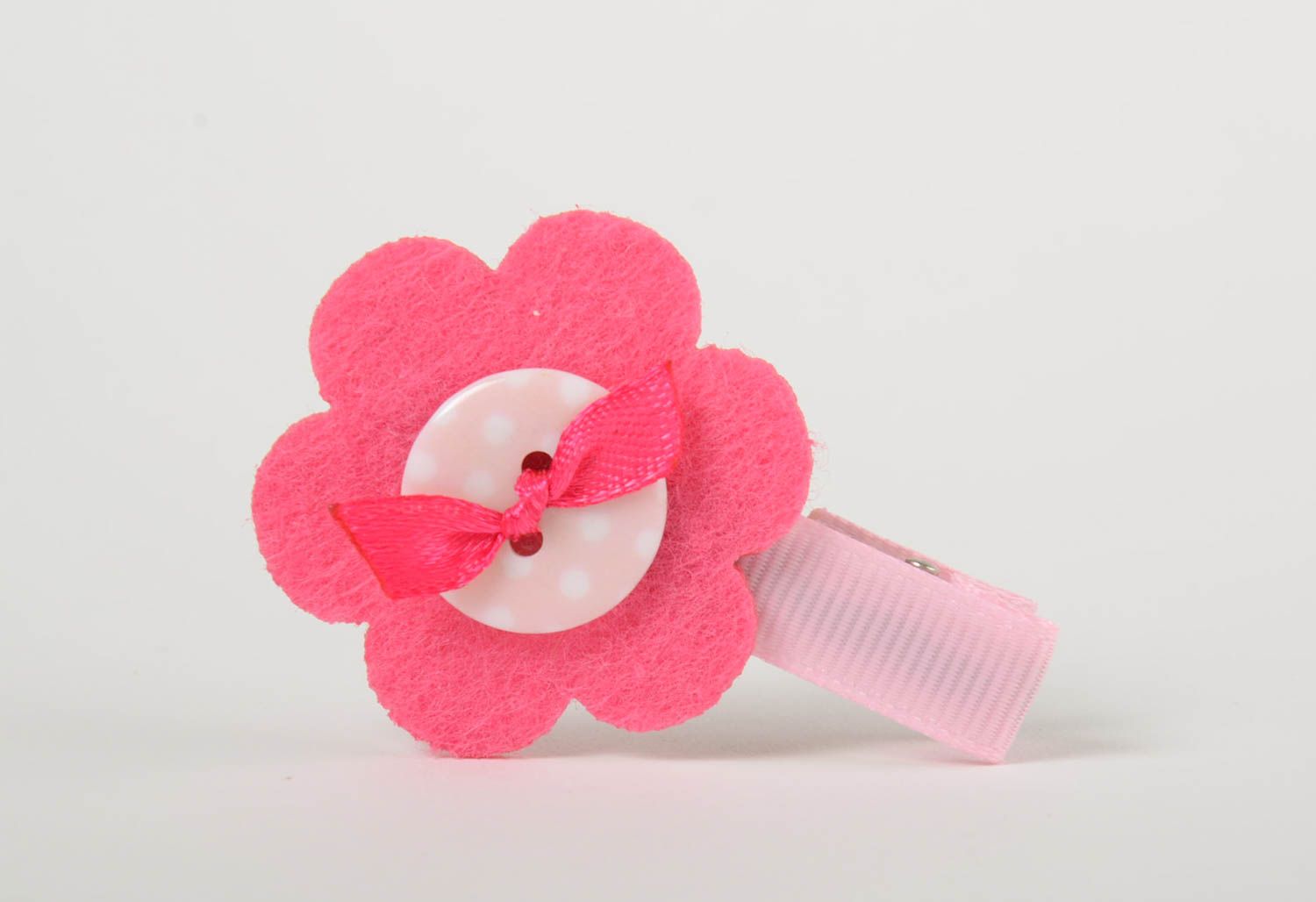 Pince à cheveux fleur rose avec noeud faite main petite originale pour fillette photo 4