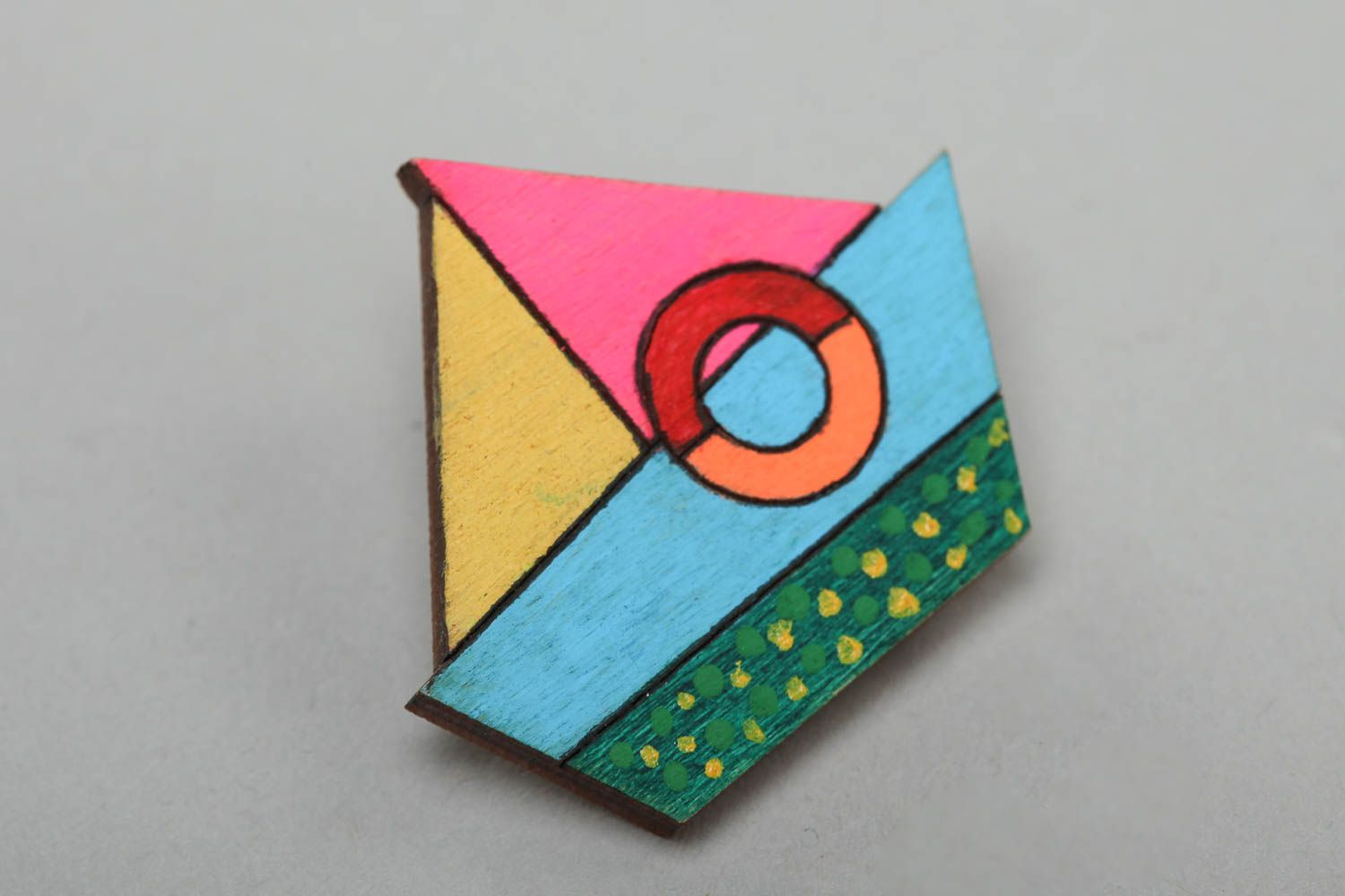 Handmade small designer kid's plywood brooch painted with acrylics colorful boat photo 2