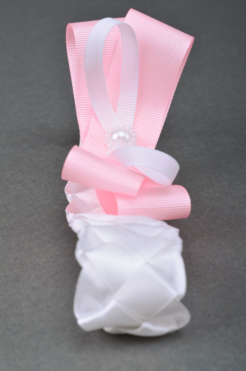 Handmade festive headband with pink bow sewn of ribbons for little girls photo 4