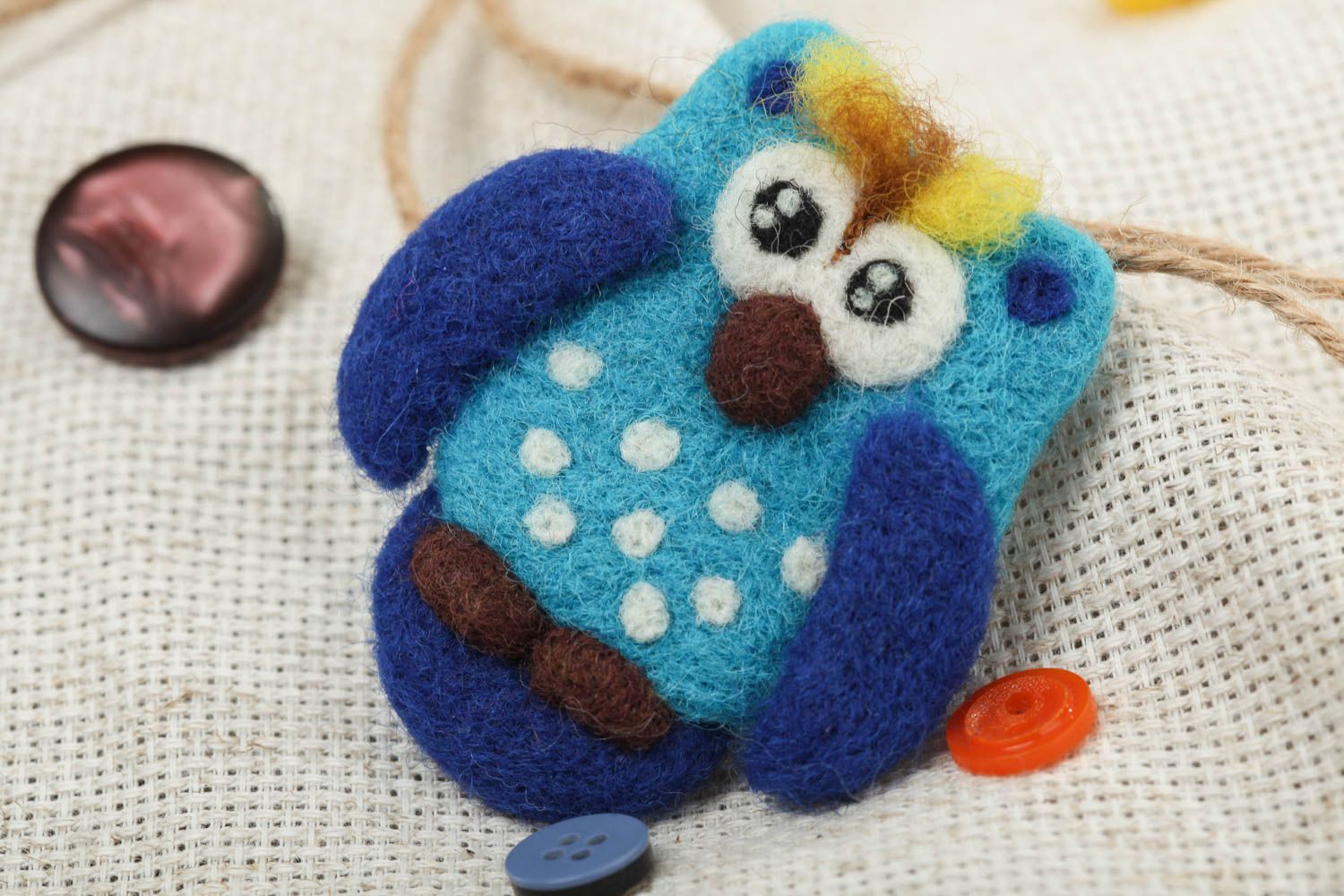 Handmade designer small funny animal brooch felted of wool blue owl for kids photo 1