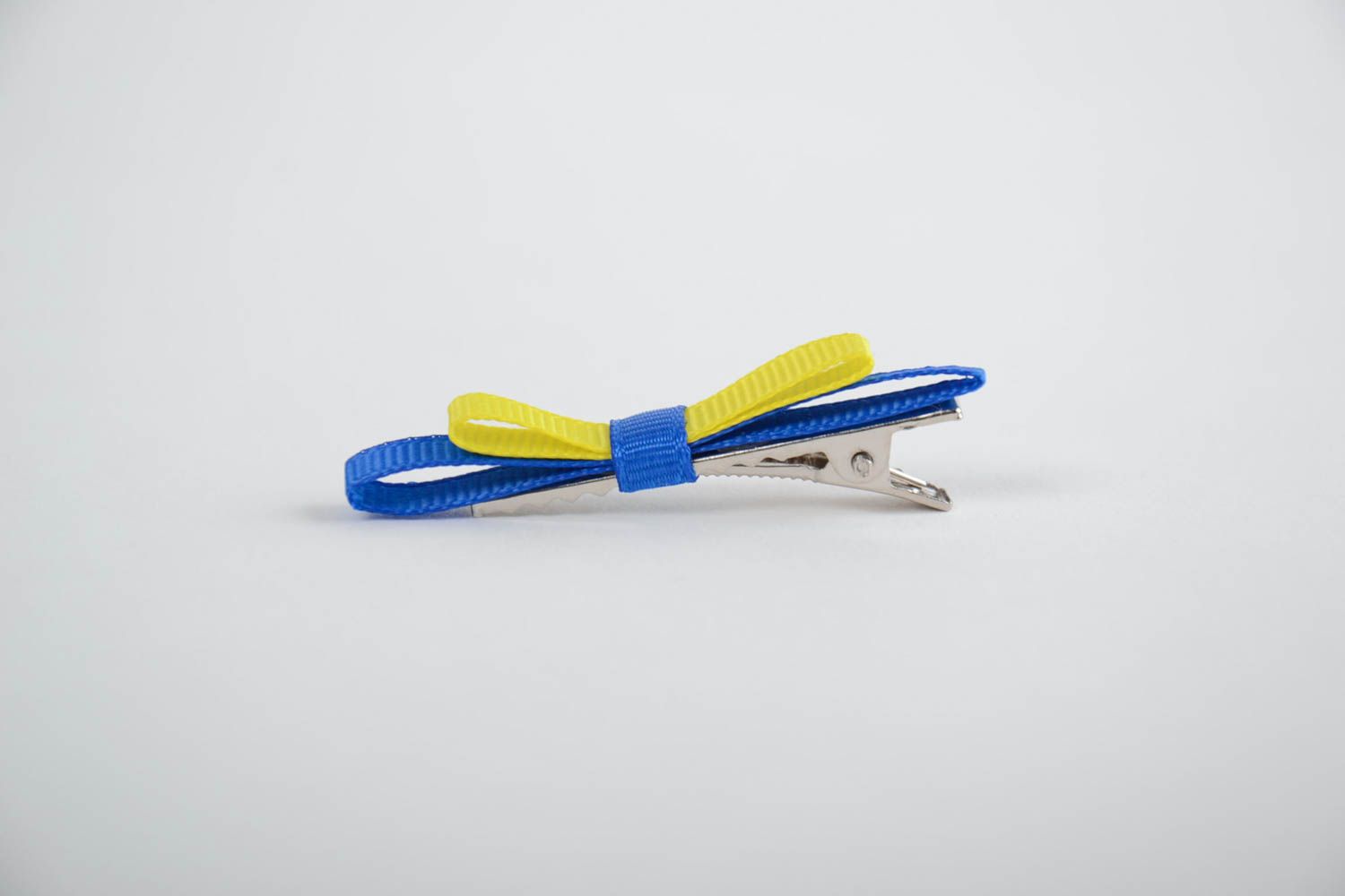 Yellow and blue handmade designer children's satin ribbon bow hair clip photo 5