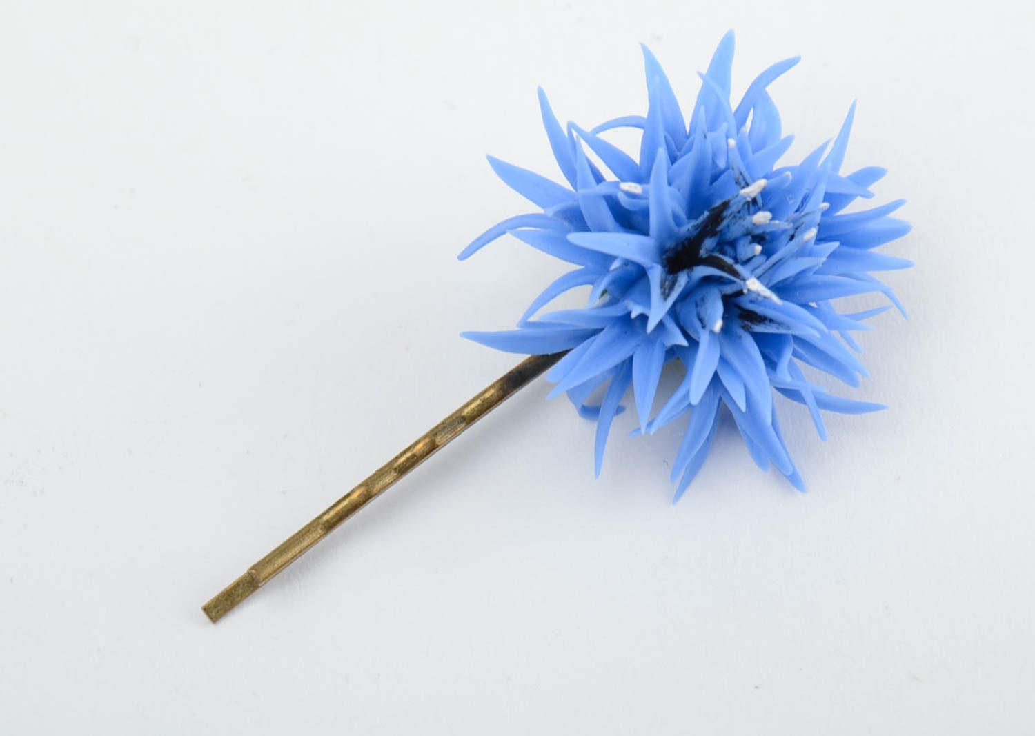 Handmade decorative metal hair pin with cold porcelain volume blue cornflower photo 3