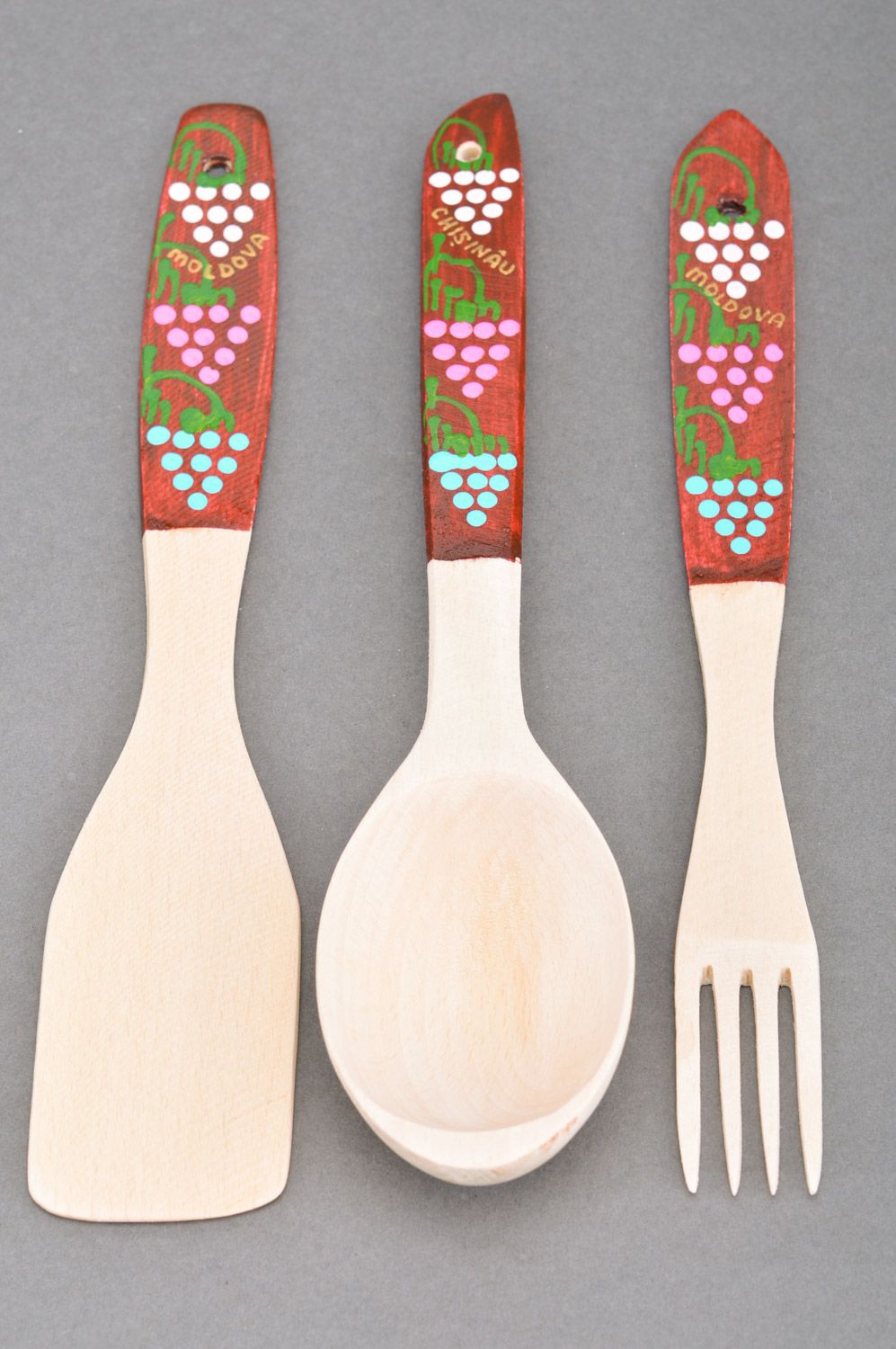 Set of handmade decorative kitchen accessories 3 items painted wooden spatula spoon and fork  photo 2