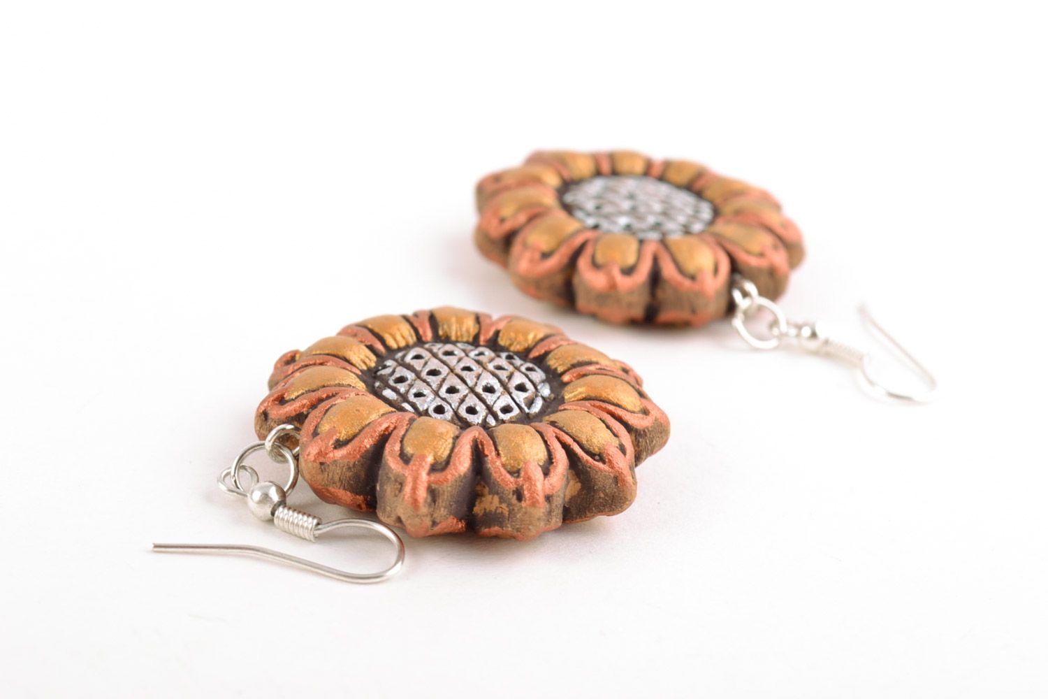 Handmade round clay flower earrings in the shape of sunflowers painted with acrylics photo 4