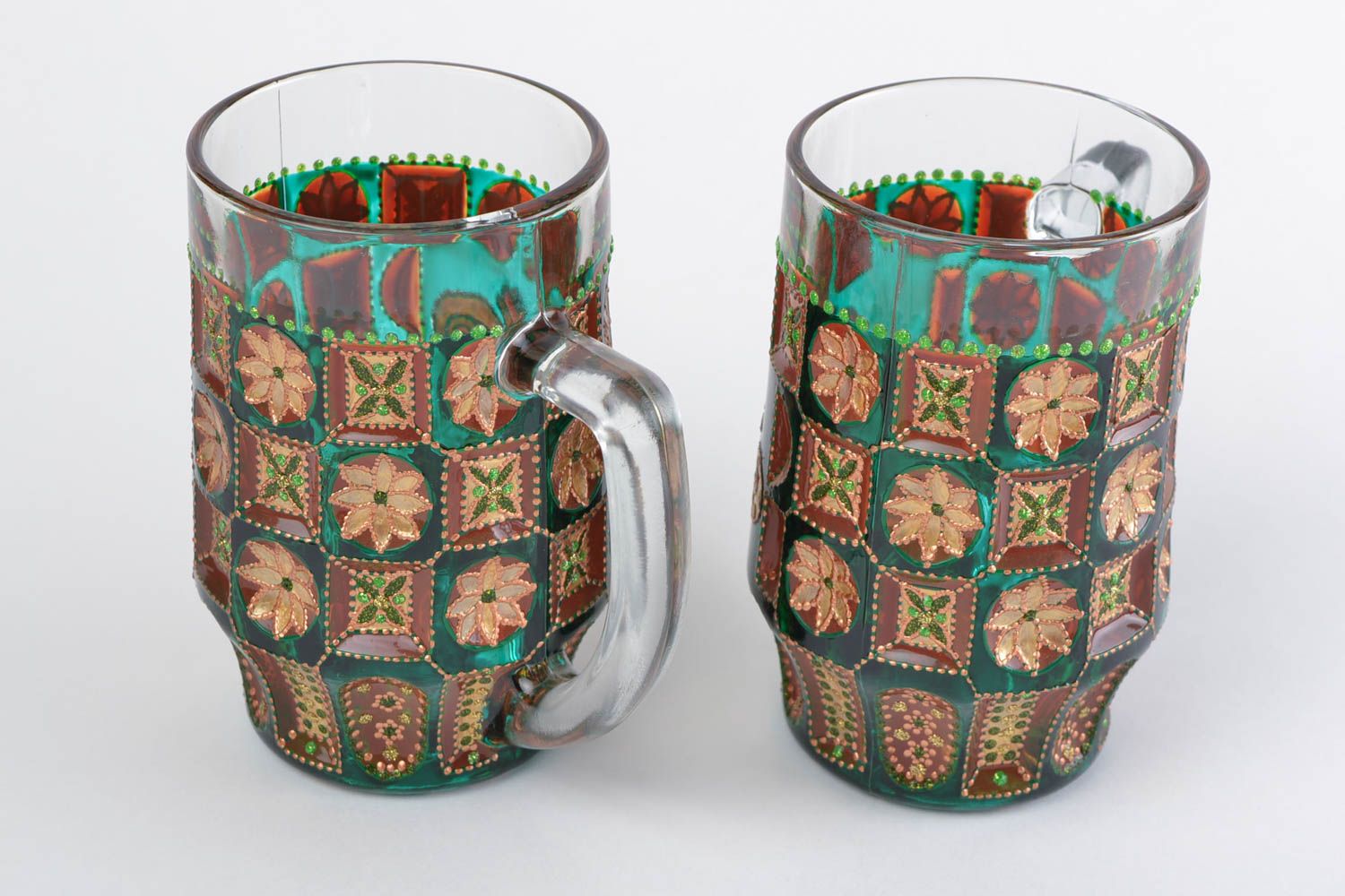 Handmade decorative glass beer mug with acrylic dot painting green and brown  photo 5