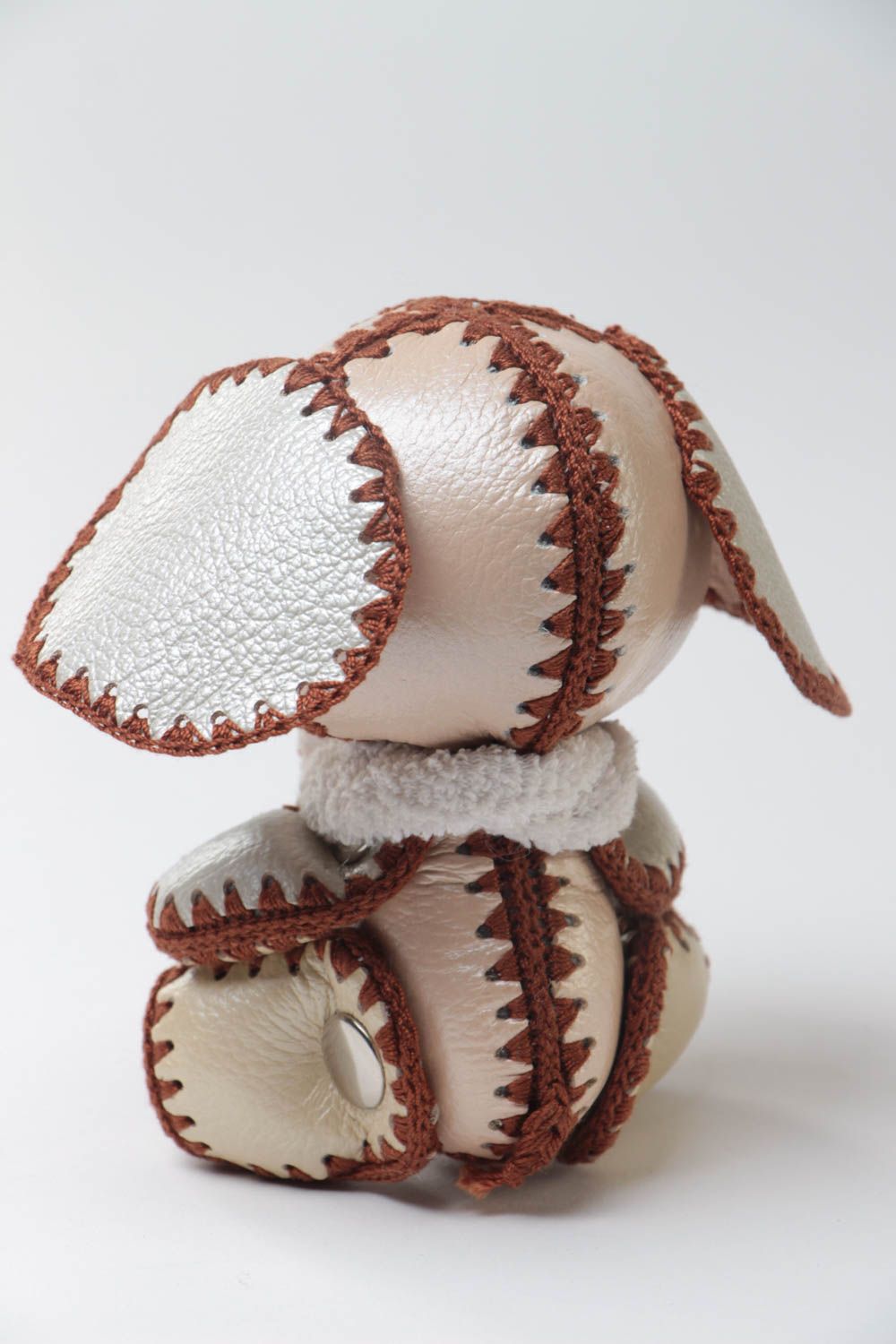 Handmade small beige leather soft toy elephant stitched with brown threads photo 4