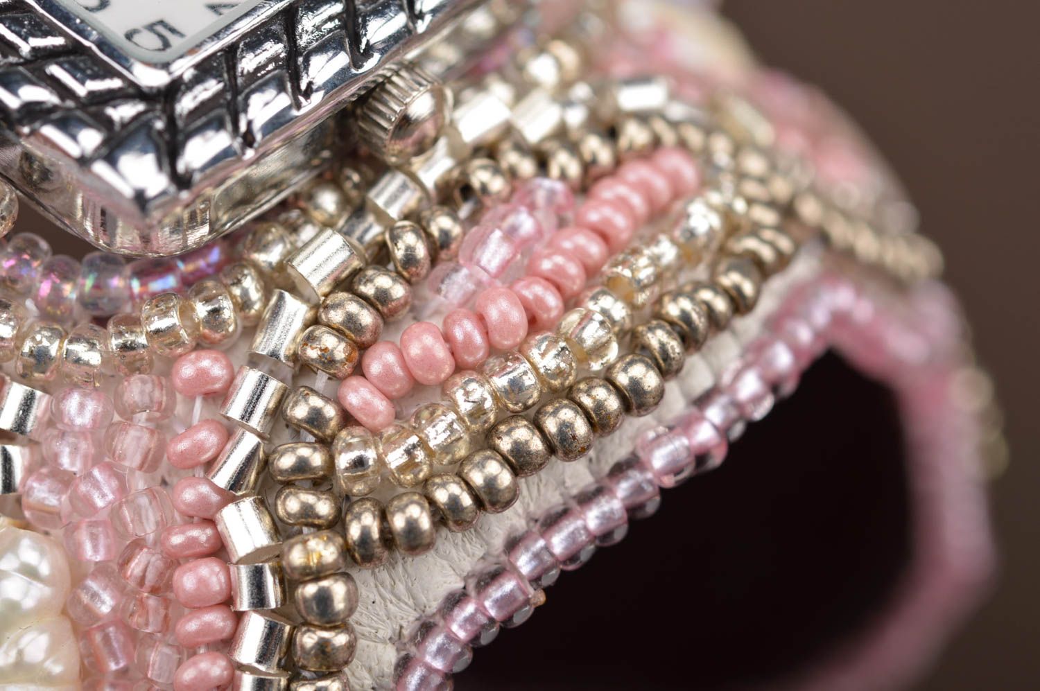 Pink handmade designer unusual wrist watch made of beads on leather basis photo 5