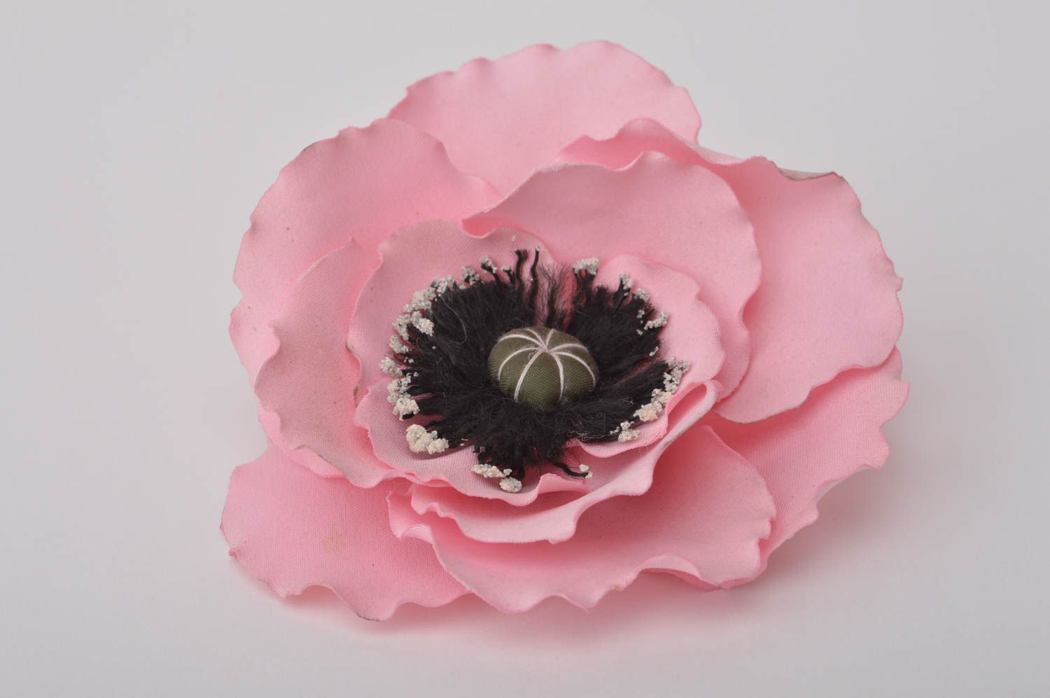 Broche fleur pavot rose Pince à cheveux faite main Bijou femme satin métal mode photo 7