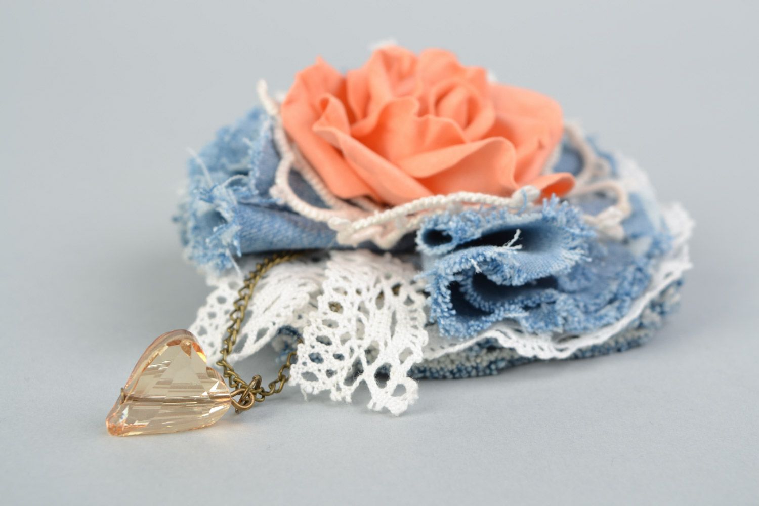 Handmade hair clip brooch with volume coral foamiran and blue cotton fabric flower photo 3