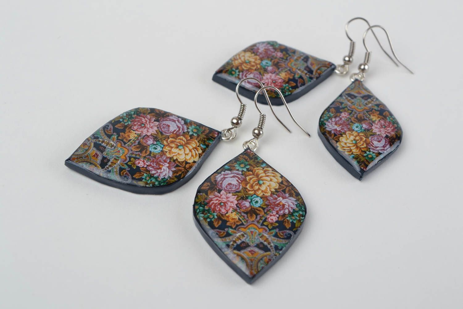 Beautiful handmade designer polymer clay dangle earrings with decoupage 2 pieces photo 5