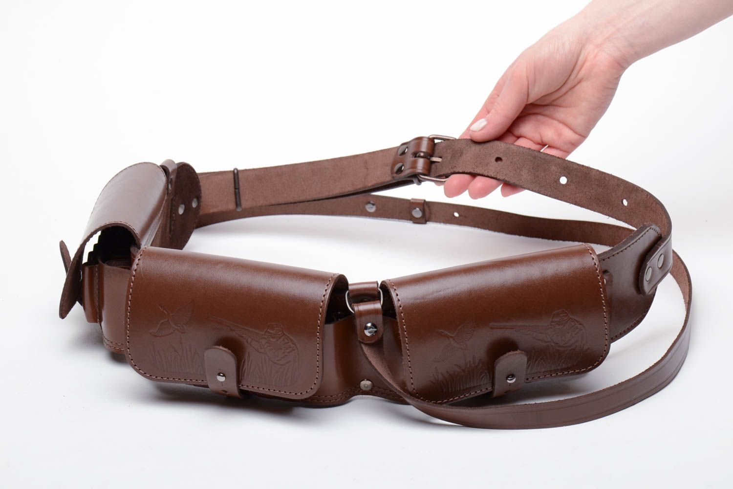 Closed leather bandolier of brown color photo 3