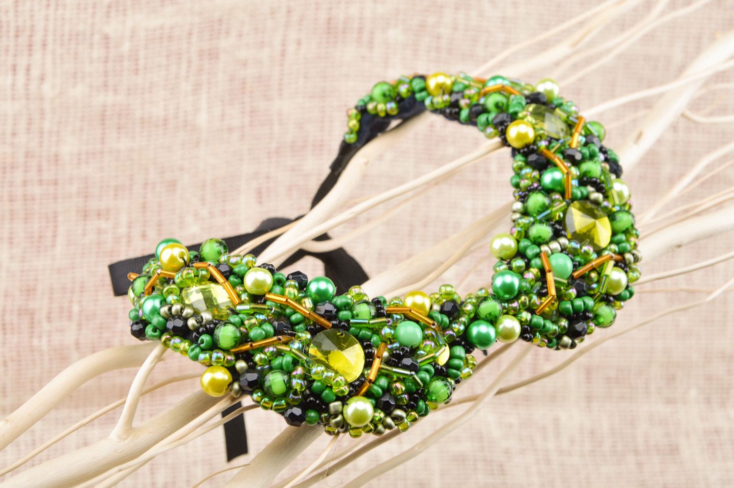 Saturated green handmade collar embroidered with beads and spangles with ribbons photo 5