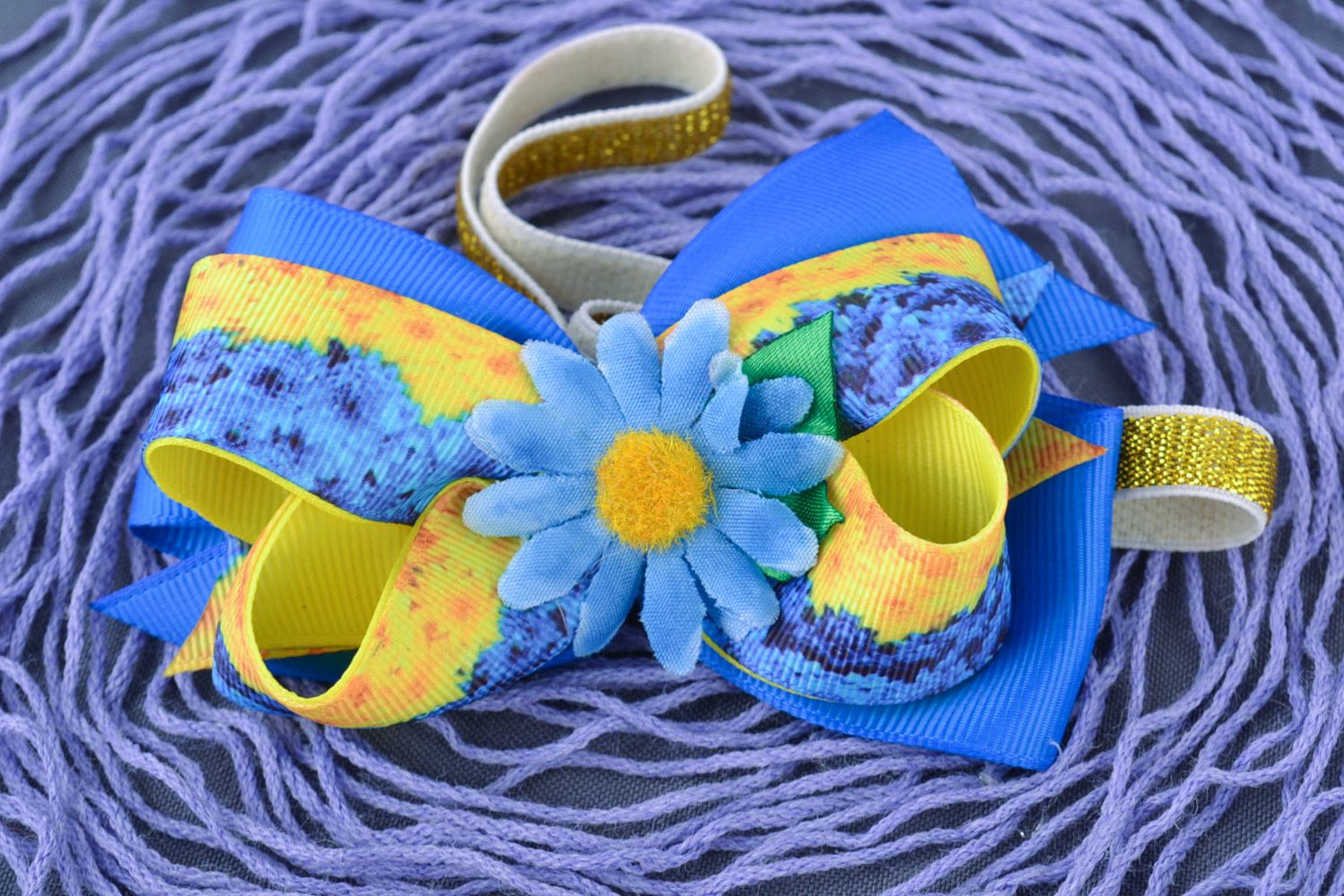 Blue and yellow handmade satin ribbon flower hair strap photo 1