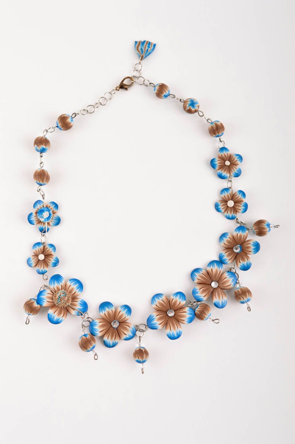 Колье ручной работы украшение на шею коричнево синие цветы элитная бижутерия фото 2