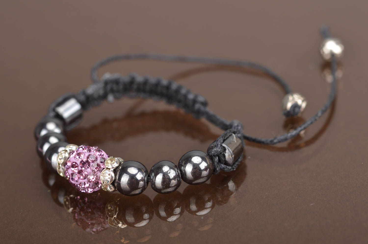Beautiful delicate handmade stylish woven bracelet made of hematite and lace photo 5